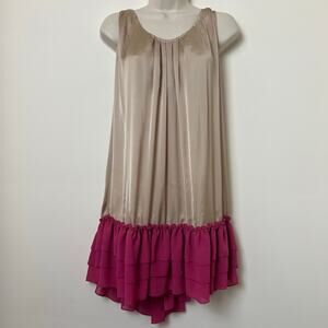 Indie Satin Trapeze Ruffle Hem Sleeveless Dress Champagne Magenta Semi-Sheer